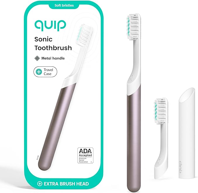 Quip Metal Sonic Toothbrush, Electric Toothbrush for Adults –Time Travel & Soft Bristles with Travel Case & Replaceable Brush Head -3-Month Battery Life - Dusk Plum