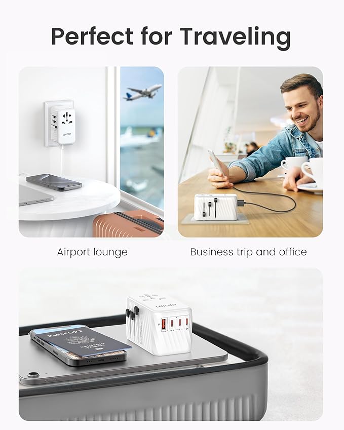 LENCENT International Travel Adapter, 120W GaN Universal Fast Charger with 3 PD3.0 Type C+1 QC USB A, All in One Power Adaptor for iPhones,Laptops, Worldwide Plug Adapter for EU/USA/UK/AU, White