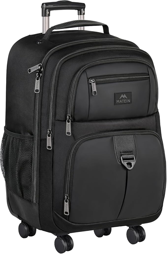 MATEIN Rolling Backpack with 4 Wheels, 17 inch Roller Travel Laptop Backpack for Women Men, Large Water Resistant Business Wheeled Bag, Airline Approved Carry on Luggage Suitcase Bag, Black