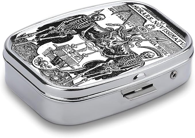 Metal 2 Compartment Pill Organizer Travel Friendly Portable Compact Pill Box Cute Pill Case to Hold Vitamins,Fish Oil,Supplements,Meds,Tablet for Purse,Pocket. (Skeleton Warrior)