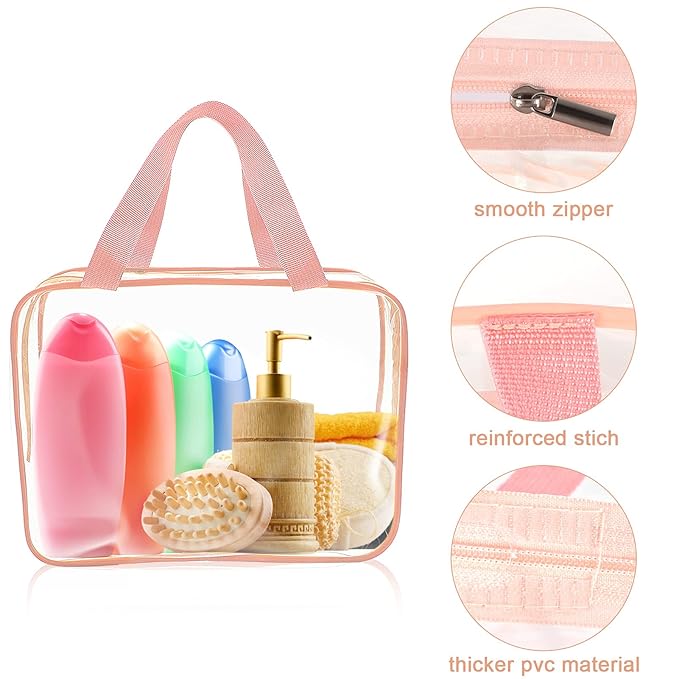 APREUTY Clear Makeup Bags, TSA Approved 6 Pcs Cosmetic Makeup Bags Set Clear PVC with Zipper Handle Portable Travel Luggage Pouch Airport Airline Vacation Organization (Pink)