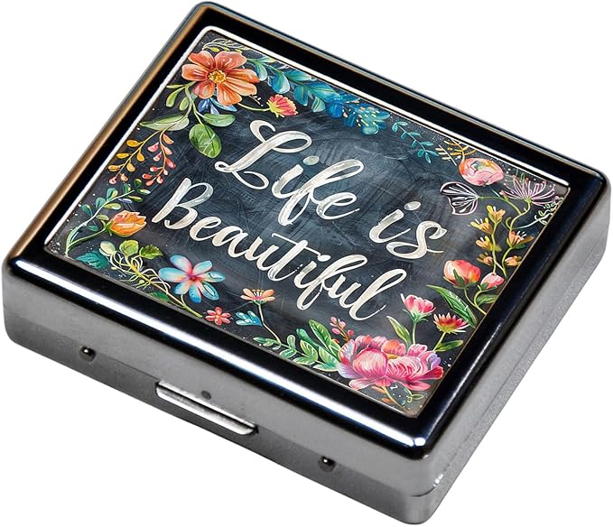 Cute and Portable Metal Pill Organizer – 8 Compartments, Elegant Chrome Finish, Ideal for Travel and Daily Use (Life is Beautiful Floral)