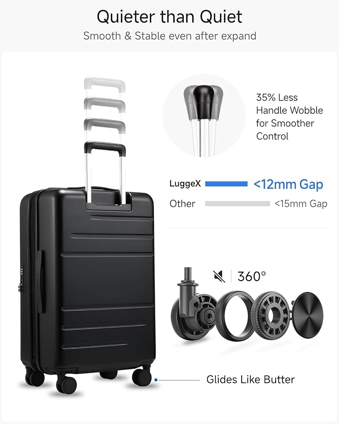 Checked Luggage Top Opening, FLT Expandable Polycarbonate Hard Shell Suitcase with Wheels (FLO-Lite, Black, 24 Inch, 63L-70L)