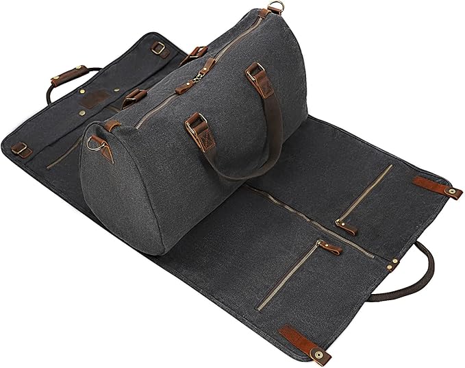 2 in 1 Canvas Leather Suit Luggage Garment Bag with Shoulder Strap for Travel and Business Trips (Black)