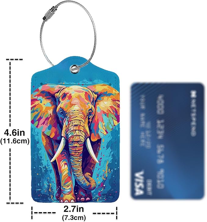 Colorful Elephant 2-Pack Luggage Tags for Suitcases,Leather Baggage Tag with Loop, Tags Private Name ID Labels for Women Girl Men Boys Travel Baggage Suitcase