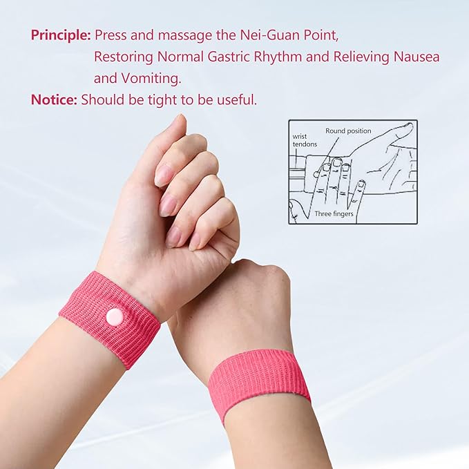 Motion Sickness Wristband, Anti-Nausea Acupressure Wrist Band for Nausea Relief, Dizziness and Vomiting from Car Sea Boat Flying Travel Sickness for Adults and Kids (Rose Red, Large, 2 Pairs)
