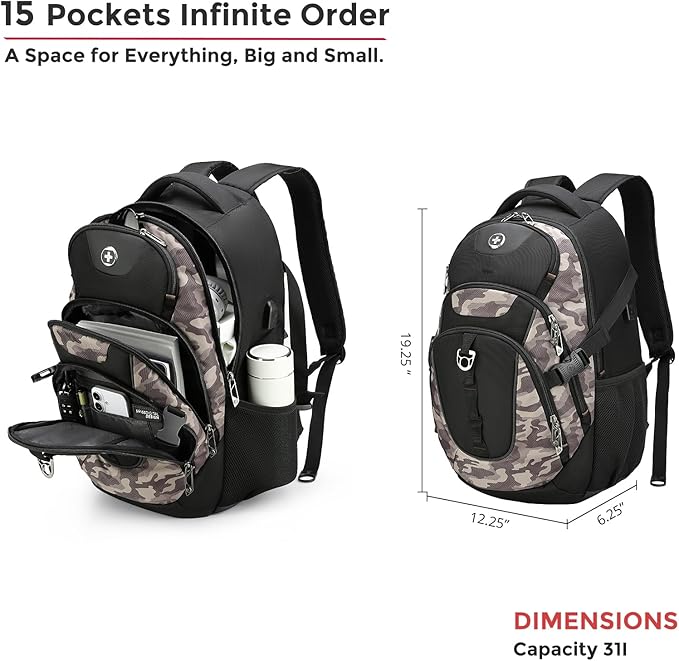 Swissdigital Design Laptop Backpack with USB Charging Port, Travel Backpack Fits 15.6 inches Computer, 31L College School Backpack for Men, Khaki Camo | SD803