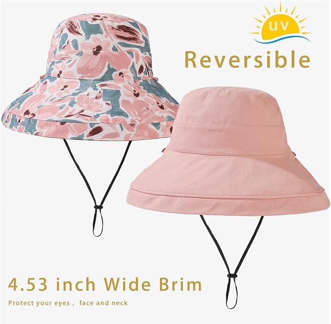 vidsel Womens Sun Hats Wide Brim Reversible Bucket Cotton Hat Packable Summer Travel Cap with Hat Clip,UV Protection