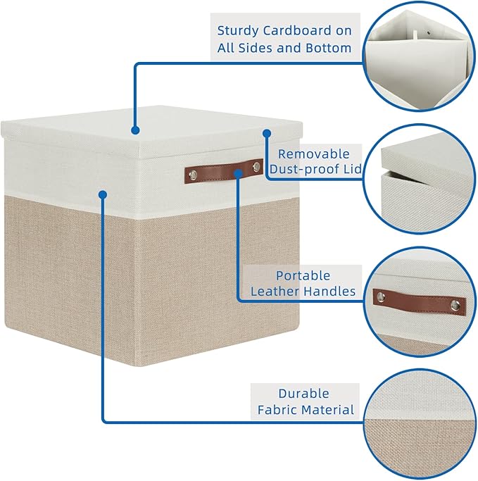 Temary Fabric Storage Bins with Lids 13 Inch Storage Cubes with Lid, Decorative Foldable Storage Boxes for Clothes, Closet Organizers (White&Khaki, 13x13x13inch)