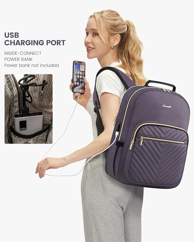 LOVEVOOK Laptop Backpack Purse for Women, Large Capacity Travel Business Computer Work Bag, Quilted Casual Nurse Backpack for Womens, Fit 15.6 Inch Laptop with USB Port, Purple Grey