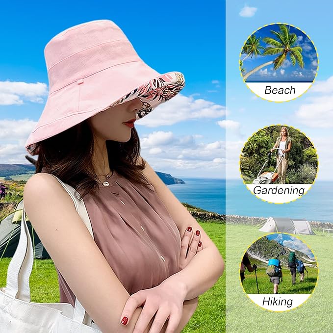 Women Wide Brim Sun Hats Metal Wired Edge Summer UV Protection Beach Fishing Hat for Hiking Garden Travel Chin Strap