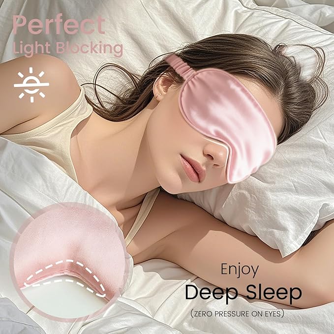 Pure 22 Momme 6A Grade Mulberry Silk Sleep Mask for Side Sleepers - 100% Blackout Eye Mask with Travel Pouch (Pink)