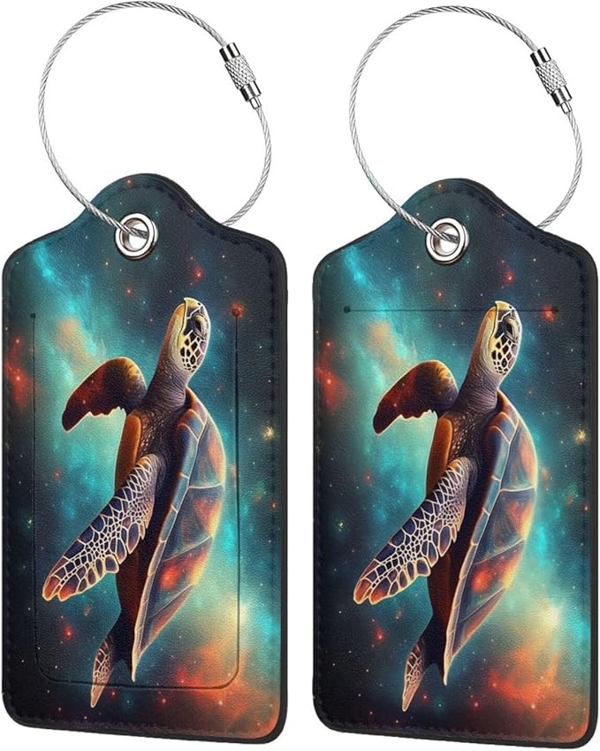 Sea Turtle Leather Luggage Tag with Stainless Steel Ring, Fun Name Id Card Cover Travel Bag Tag Set, Suitable for Travel Bag Luggage Women Men 4 PCS
