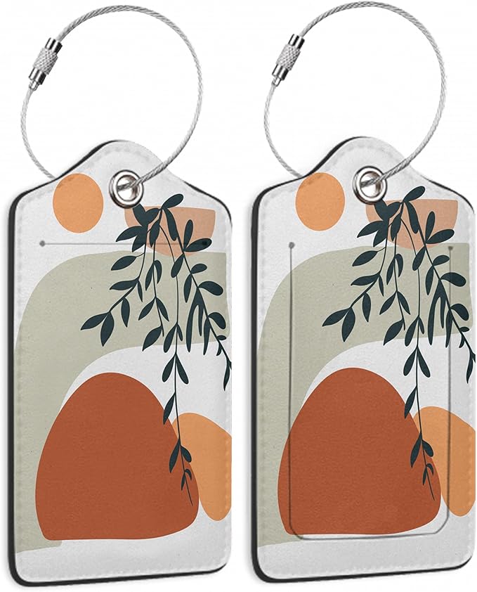 Luggage Tags for Suitcase,2 Pack Boho Sun Leaves Luggage Tag Abstract PU Leather Privacy Cover ID Label with Stainless Steel Loop for Women Men Teens Travel