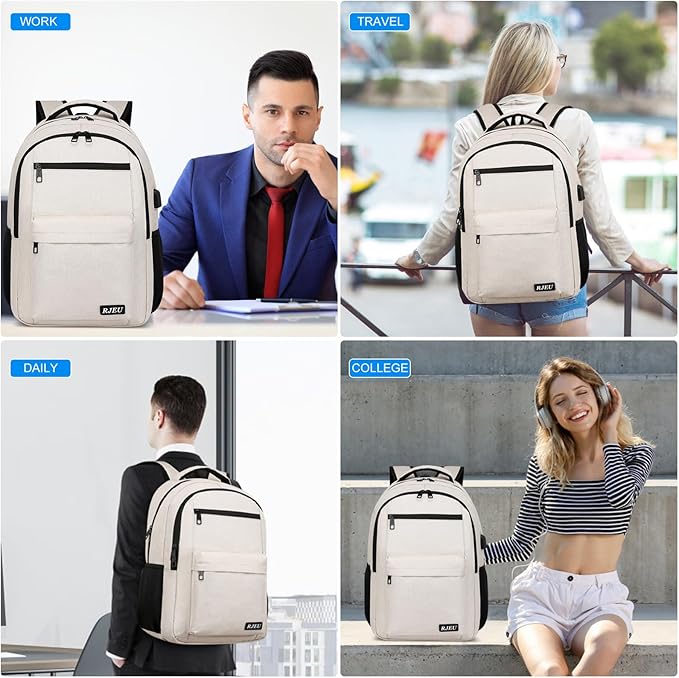 School Backpack for Teen Girls, Laptop Backpack 15.6 Inch with USB Charging Port, Sturdy Beige College Bookbag