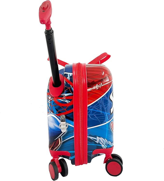 Fast Forward Spiderman Ride on Luggage for Kids, 18'' Suitcase with Seat for Kids, Cute Lightweight Travel Trolley