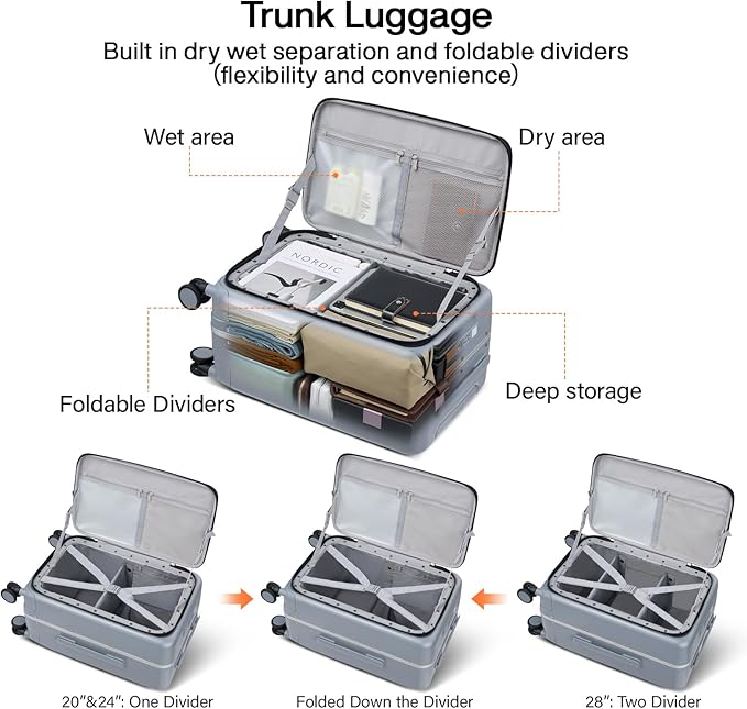 Hanke 20 Inch Carry On Luggage with Cup Holder and Charge,Top Opening Hard Shell Suitcases with Wheels and Dividers,Aluminum Frame Trunk Luggage Small Suitcase with Lock for Travel,Gray