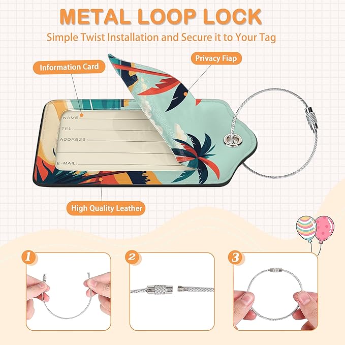 Tropical Turtle Beach Art 3 PCS Luggage Tags, Vintage Coastal Leather Suitcase Tags with Privacy Cover Name Address Labels and Durable Steel Loop for Men/Women Travel Bag Suitcases