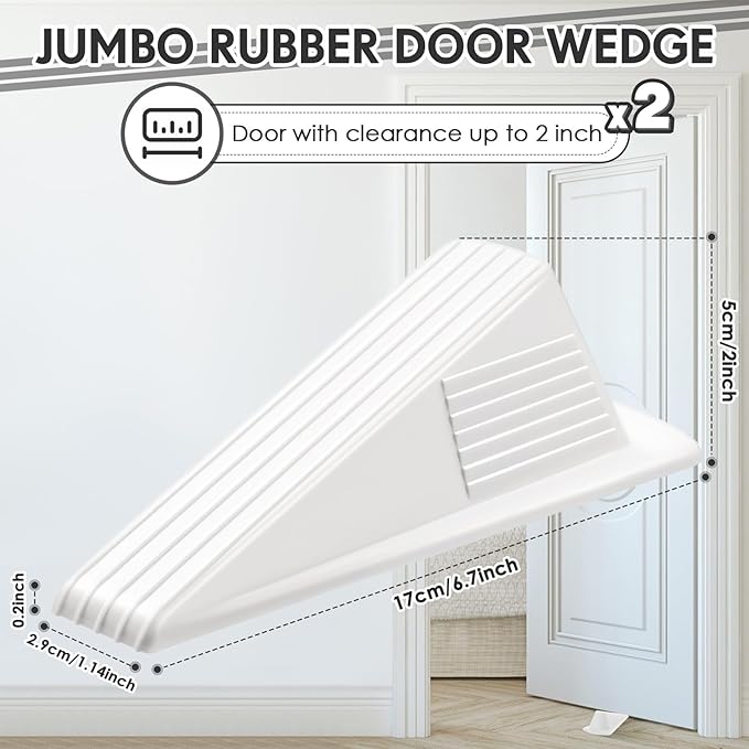 Frienda 2 Pcs Jumbo Door Stoppers Heavy Duty Door Stopper Tall up to 2inch Tall Wedge TPR Large Wedge Stackable Big Rubber Doorstop for Hotel Carpet Hardwood Concrete and Tile (White)