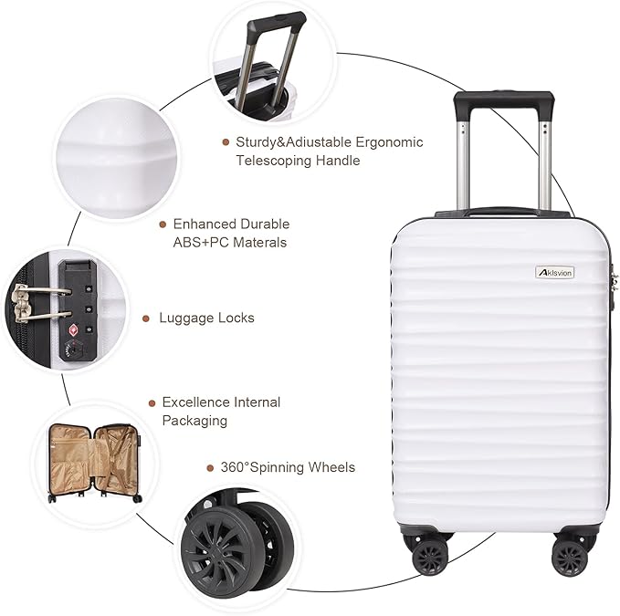 Carry on luggage 20 In suitcase with Spinner Wheels ABS & PC Hardside Luggage（Off white）