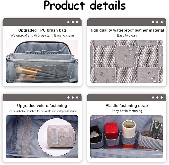 Travel Makeup Bag Organizer Cosmetic Bag: 3 Pcs Set Make up Bags for Women with Handle - Waterproof Vegan Leather Toiletry Bags with Comparments (C-13-Gray)