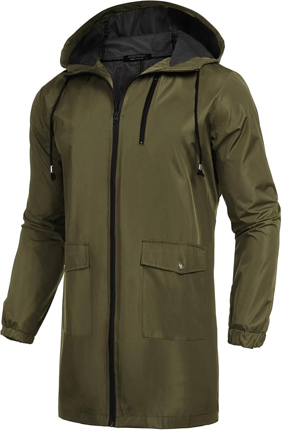 COOFANDY Men's Long Raincoat Ligtweight Rain Jacket Waterproof Outdoor Jackets with Hood