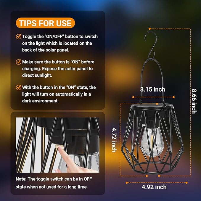Solar Lanterns Outdoor Waterproof, Upgraded Powered Hanging Solar Lights for Outside, Auto On/Off, Brighter Hanging Outdoor Decor Lights for Yard Garden Patio Pathway 2 Pack