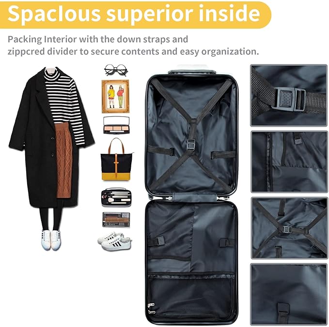 LemoHome Expandable Luggage with Spinner Wheels,Large Suitcases with Child Seat Design,Hard Luggage for Women and Men,20 inch Hardside Carry on Luggage for Travel (black and white visor)