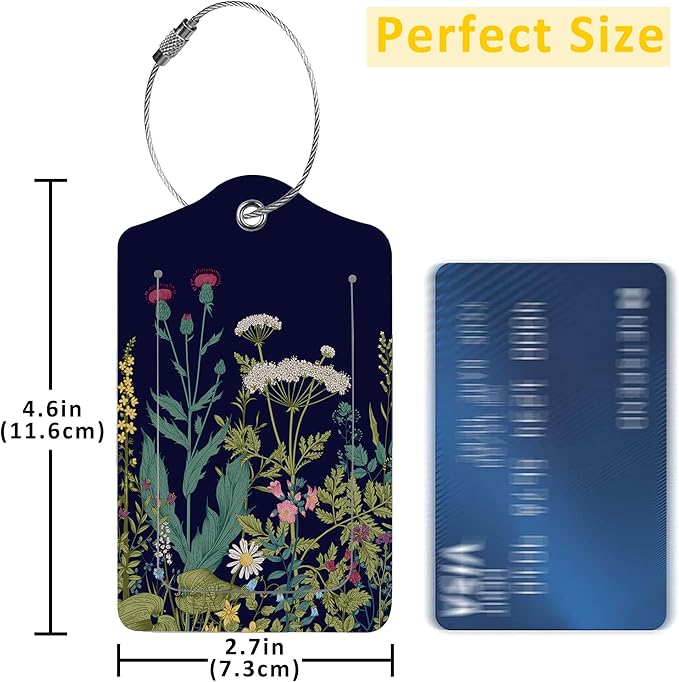 2 Pack Luggage Tags for Suitcases,Herbs and Wild Flowers Luggage Tag,PU Leather Id Label Luggage Tags with Stainless Steel Loop and Privacy Cover for Women Men Teens Travel