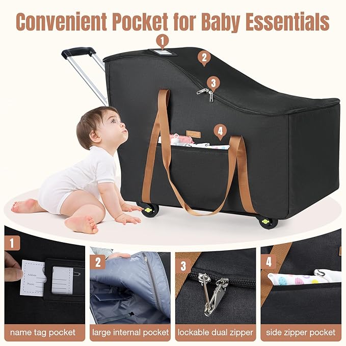 Infant Car Seat Travel Bag with Wheels Fits Chicco KeyFit 35, Doona Car Seat Stroller Base, Nuna Pipa, Padded Car Seat Bags for Airplane, Gate Check Bag, Removable Cover for Air Travel,Black-L