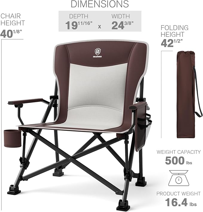 EVER ADVANCED Oversized Folding Camping Chair, for Adults Heavy Duty Lawn Chair with Side Pockets, Portable Collapsible Quad Chair for Outside, Support Up to 500lbs, Red 2Pack
