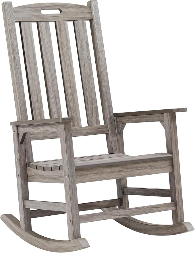 Psilvam Outdoor Rocking Chair, Poly Lumber Oversized Rocking Chair with 21" Wide Seat and 32" Tall Backrest, Pre-Assembled with Most Components for Effortless Installation(Light Gray)