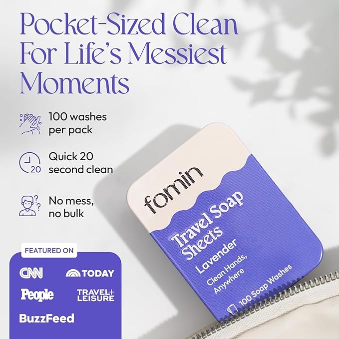 FOMIN - Antibacterial Paper Soap Sheets Tin for Traveling - (300 Sheets) Lavender - Portable Travel Hand Soap Sheet, Dissolvable Mini Camping Hand Soap for Hand Washing