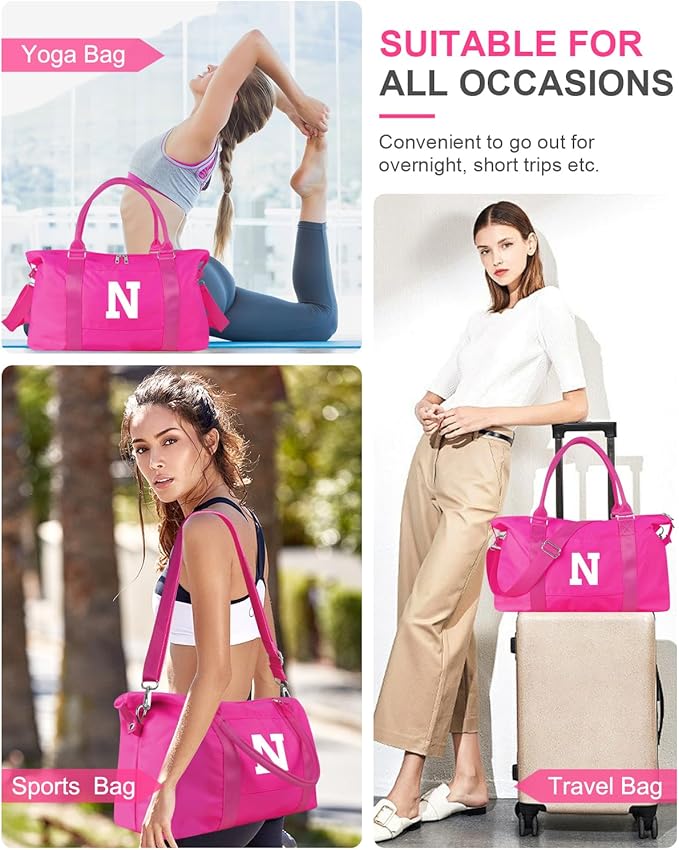 Overnight Bag for Kids Teen Girls Weekender Dance Bag Birthday Graduation Gifts,Initial Travel Duffel Bag Sports Gym Bag Personalized Weekender Bag Carry On Bags Preppy Gifts for Women(Hot Pink, N)