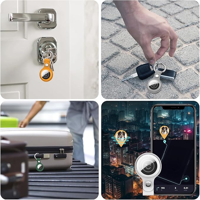 RFUNGUANGO Airtags Holder Keychain Keyring, 4 Pack Leather Case Cover for Women Men Kids with Apple Air Tag GPS Tracker Item Finders-Green,Yellow,Grey,White