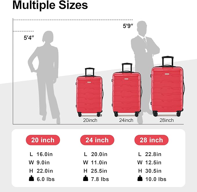 3 Piece Luggage Set, PC+ABS Lightweight Suitcase Sets with Spinner Wheels, Hardshell Luggage Sets with TSA Lock Red (20/24/28)