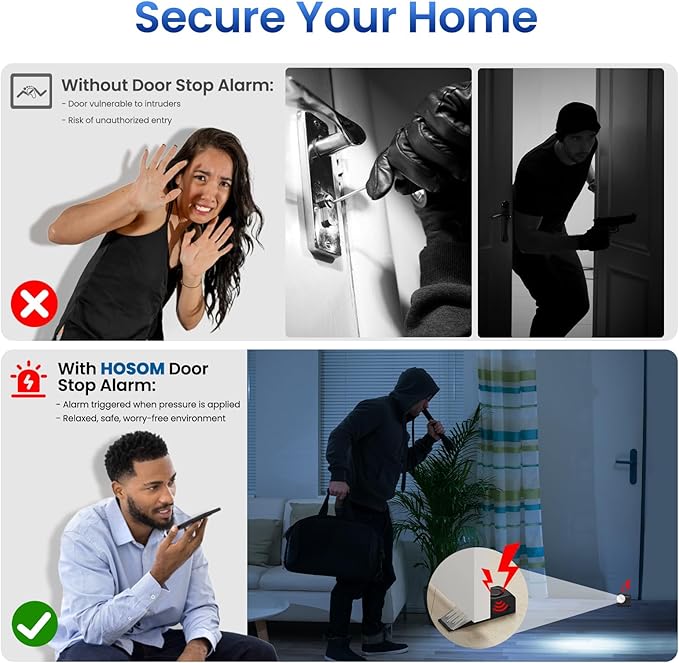 HOSOM 2 Pack Door Stop Alarm for Home & Travel Safety, 120dB Loud Siren Door Stoppers Security Device, Portable Anti-Slip Door Stop Wedge for Apartment, Hotel, Great for Travelers