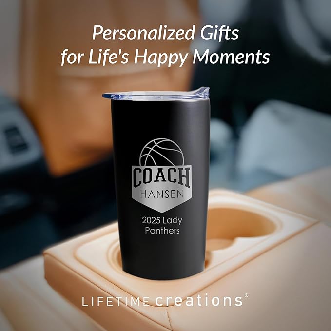 Lifetime Creations Personalized Basketball Coach Tumbler: Custom Basketball Coach Gift, Coaches Coffee Travel Mug from Team, Insulated Engraved Stainless Steel 20 Ounce Cup (Matte Black)