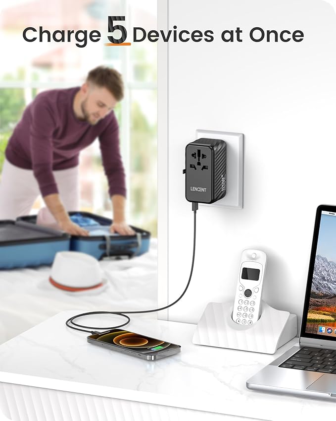 LENCENT International Travel Adapter, 120W GaN Universal Fast Charger with 3 PD3.0 Type C+1 QC USB A, All in One Power Adaptor for iPhones,Laptops, Worldwide Plug Adapter for EU/USA/UK/AU, Black