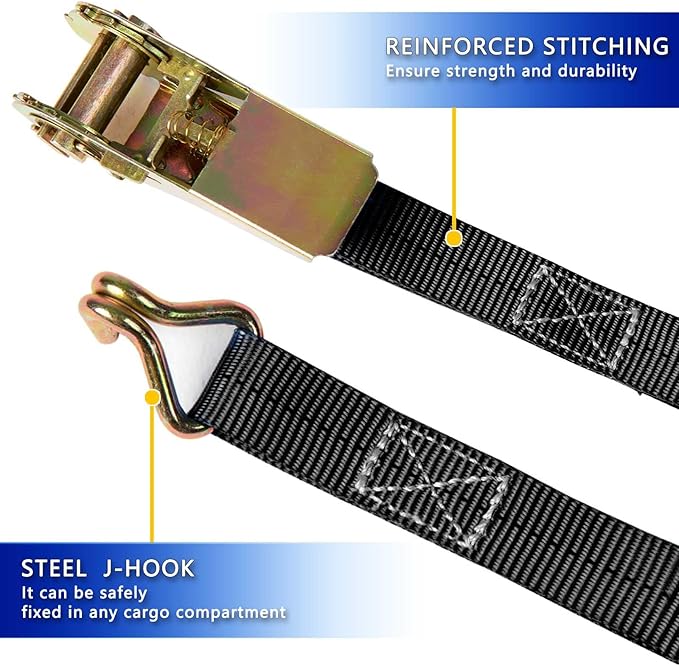 Black Ratchet Straps (4-Pack), 1 Inch x 16.4 Feet (2200lb Break Strength) with Sturdy Metal Hooks, 1x Work Gloves, Heavy Duty Tie Down Straps for Truck, Cargo Trailer, Motorcycle, Luggage, Moving