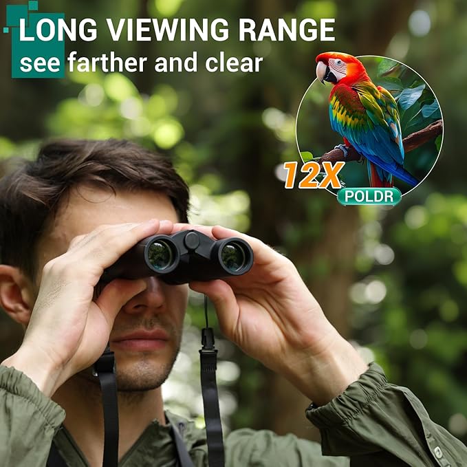 POLDR 12x25 Compact Binoculars for Adults and Kids, High Powered Waterproof Binocular with Phone Adapter, Small Easy Focus HD Binoculars for Bird Watching, Concerts, Hiking, Travel, Cruise