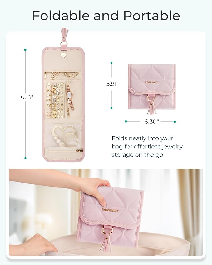 BAGSMART Travel Jewelry Case Organizer, Roll Foldable Jewelry Case for Journey-Rings, Necklaces, Earrings, Bracelets, Brooches, Min, Beige