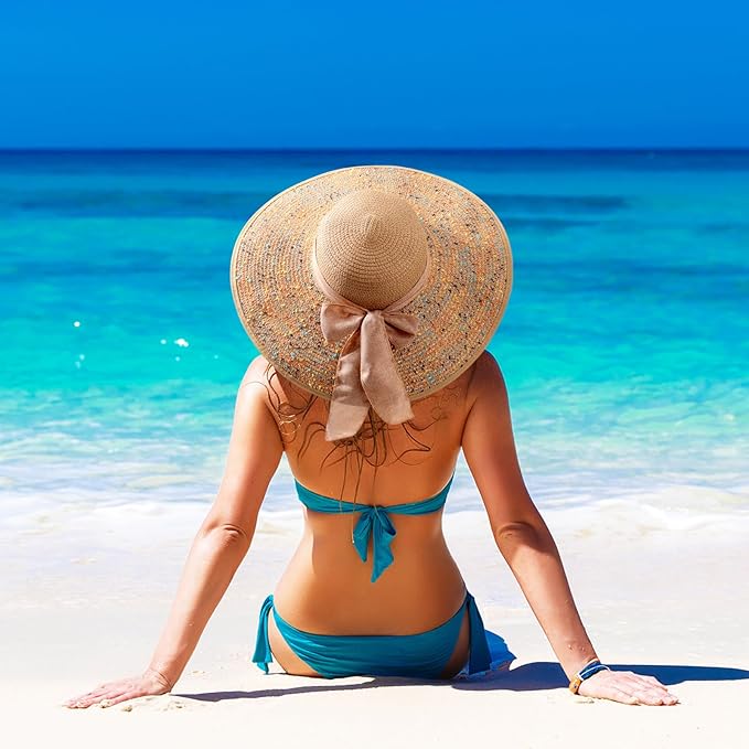 DRESHOW Beach Hats for Women Big Straw Wide Brim Summer Hat Floppy Foldable Roll up Cap Sun Hat UPF 50+