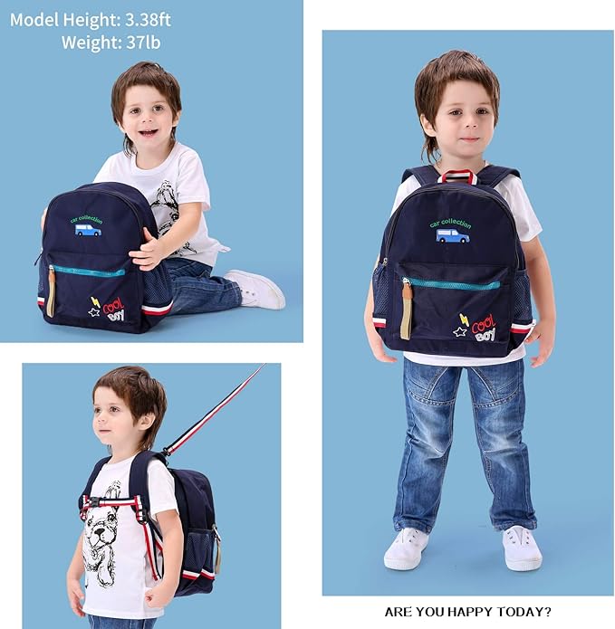 willikiva Cartoon Bus 12 Kindergarten Backpack for Kids Girls and Boys,Waterproof Preschool Toddler Backpack Wiht Leash and Safety Harness(Deep Blue)