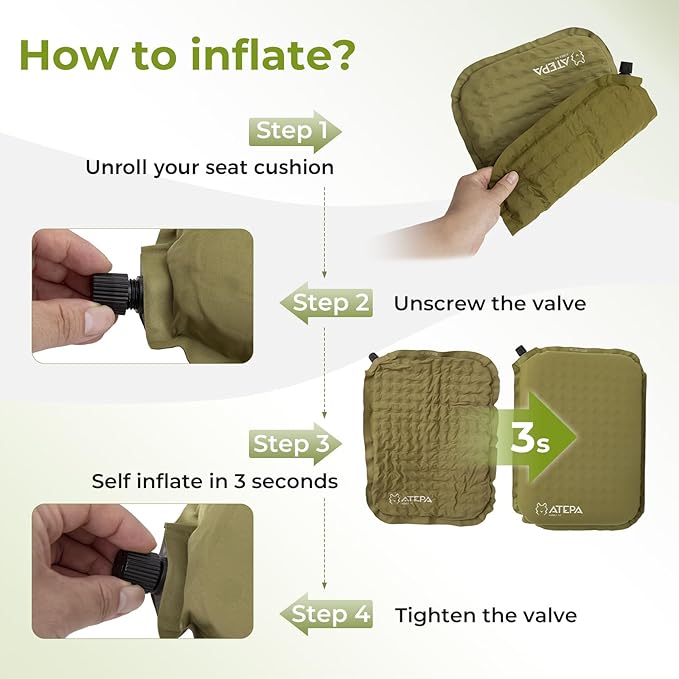 ATEPA Inflatable Stadium Seat Cushion, Self-Inflating Memory Foam Stadium Seats Bleacher Seat Chair Cushion Pad for Airplane Travel Backpacking Sports Events