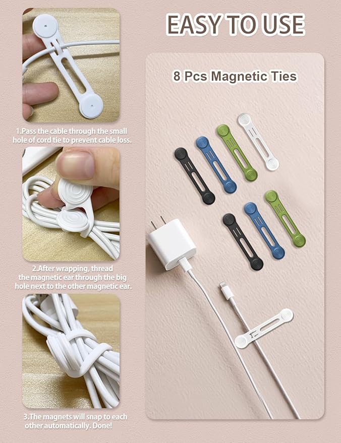 Kanemc 8-Pack Magnetic Cable Ties, Magnet Cord Wraps Reusable Silicone Cable Organizer Twist Zip Ties For USB Earphone Computer Smartphone Charging Cords (4Colors)