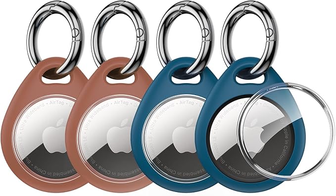 UNBREAKcable Holder for Apple AirTag - 4 Pack [Fit Tightly Design] [Easy to Install] [Hold Air Tag Securely] Waterproof TPU Shell Protective Case with All Metal Keychain Key Ring Clip (Brown&Blue)