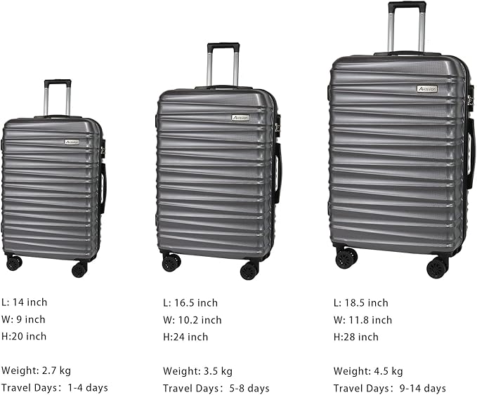 Luggage Sets 3 Piece(20/24/28)-Suitcase Set- Luggage with Wheels-PC + ABS Durable Lightweight Rotating hardshell suitcase 5PCS (Metallic Grey)…