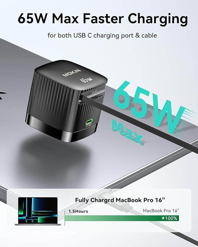 65W Retractable Wall Charger, PD Fast USB C Charger Block with Retractable Type C Cable, Travel Fast Charging Adapter with Foldable Plug for iPhone 16/15, MacBook Pro, iPad, Galaxy, and More