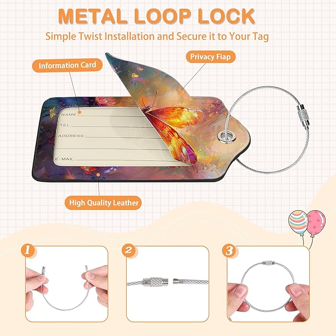 Abstract Colorful Butterfly 3 PCS PU Leather Luggage Tags for Suitcase, Luggage Tag with Privacy Flap, Name ID Label and Metal Loop for Women Men Baggage Handbag School Bag Backpack